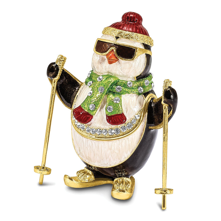 Bejeweled Pewter Multi Color Finish KOOLIO Skiing Penguin Trinket Box