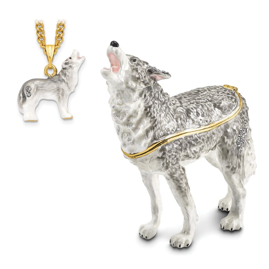 Bejeweled Pewter Multi Color Enamel Finish Howling Wolf Trinket Box