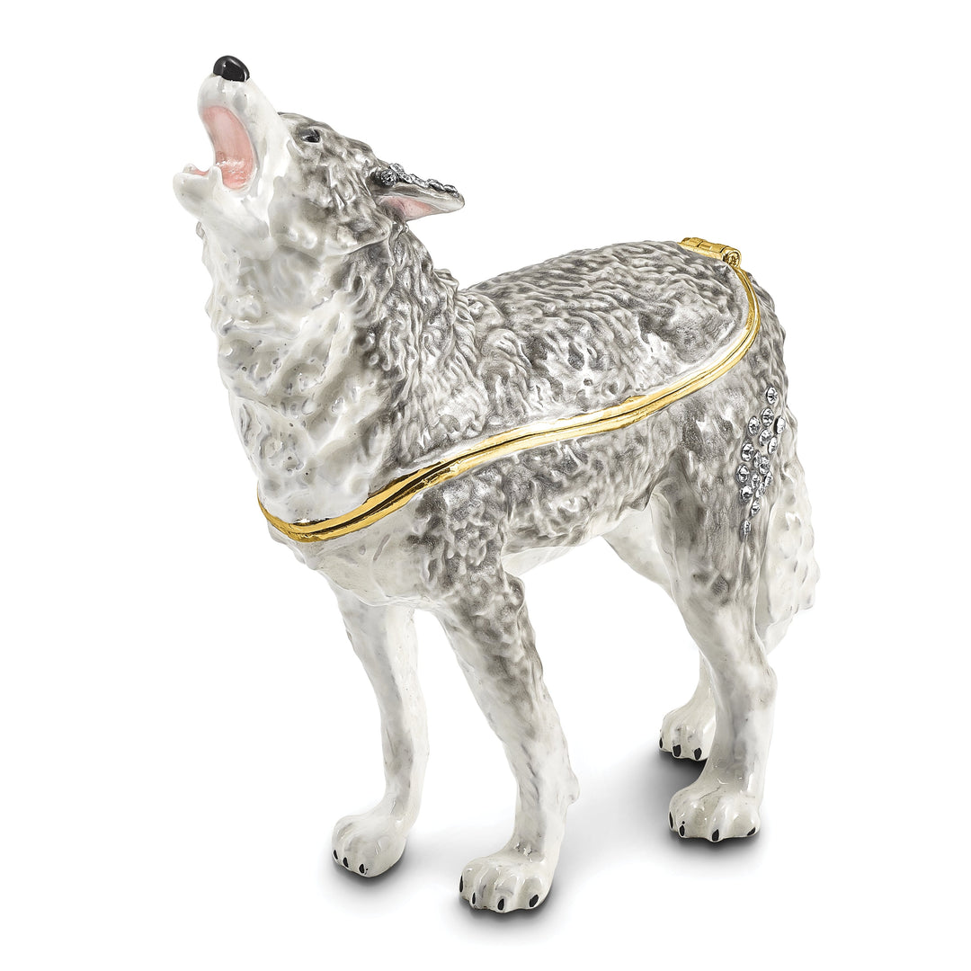 Bejeweled Pewter Multi Color Enamel Finish Howling Wolf Trinket Box