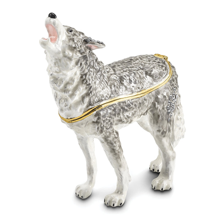 Bejeweled Pewter Multi Color Enamel Finish Howling Wolf Trinket Box