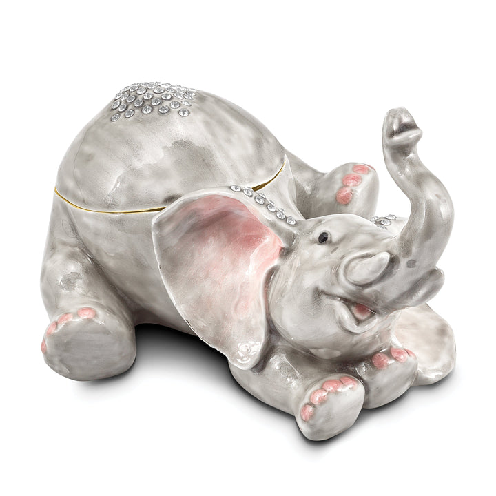 Bejeweled Pewter Multi Color Enamel Falling Baby Elephant Trinket Box