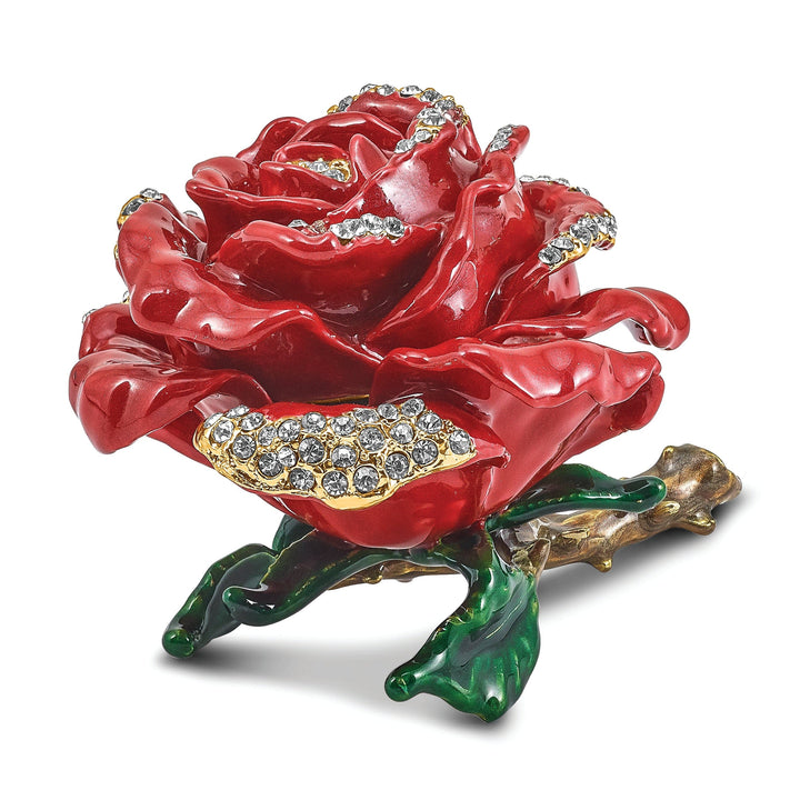 Bejeweled Pewter Multi Color Finish ROSA Red Rose Ring Pad Trinket Box