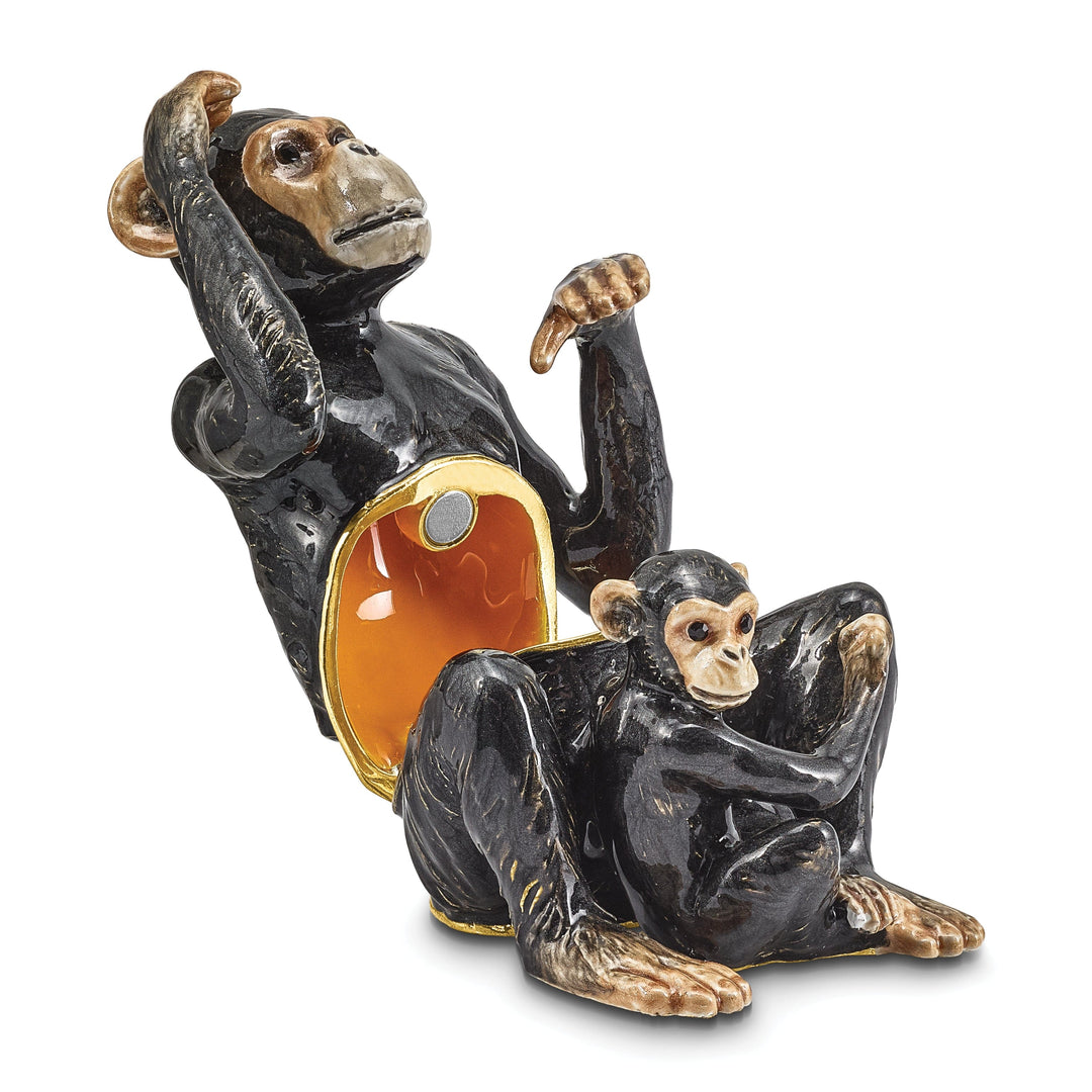 Bejeweled Pewter Multi Color Enamel Chimpanzee and Baby Trinket Box