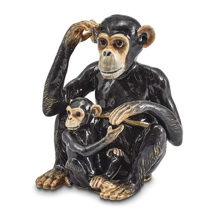 Bejeweled Pewter Multi Color Enamel Chimpanzee and Baby Trinket Box