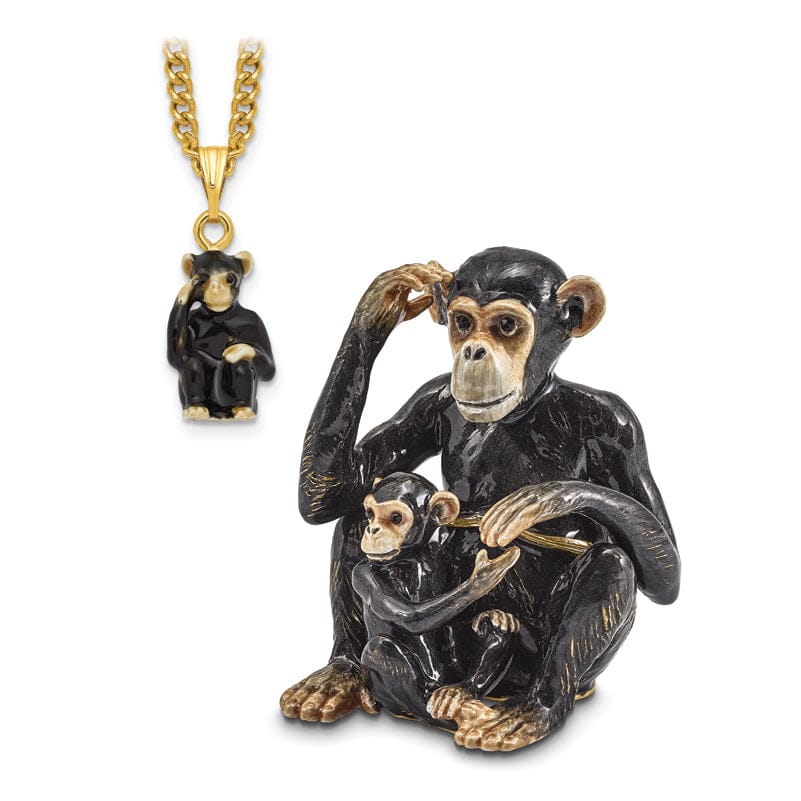 Bejeweled Pewter Multi Color Enamel Chimpanzee and Baby Trinket Box