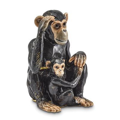 Bejeweled Pewter Multi Color Enamel Chimpanzee and Baby Trinket Box