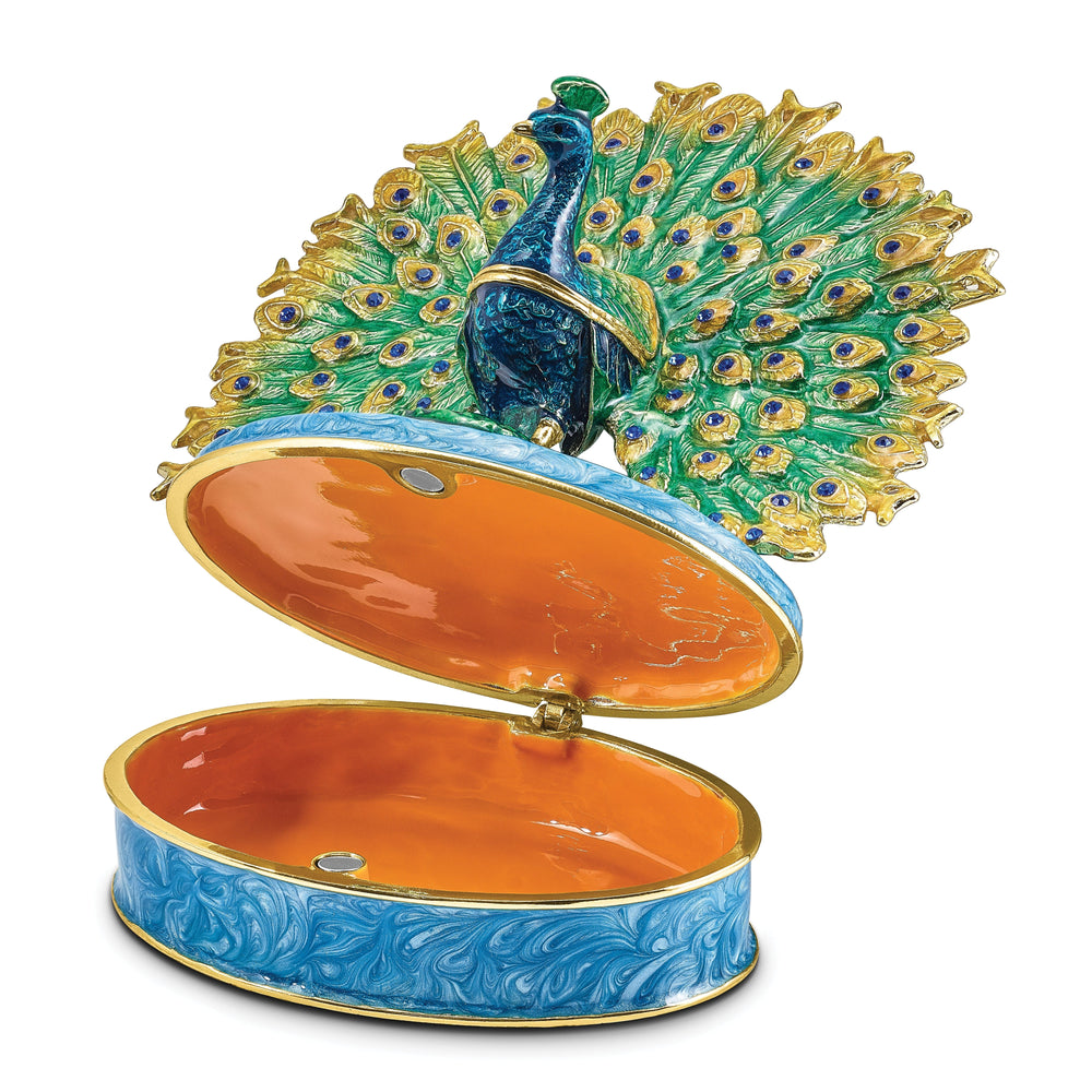 Bejeweled Pewter Multi Color Enamel Finish Peacock on Oval Trinket Box