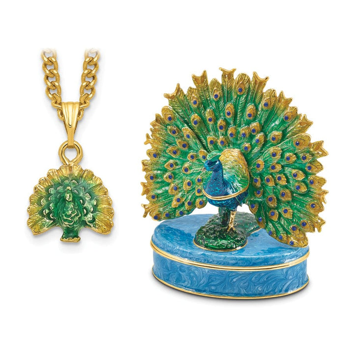 Bejeweled Pewter Multi Color Enamel Finish Peacock on Oval Trinket Box