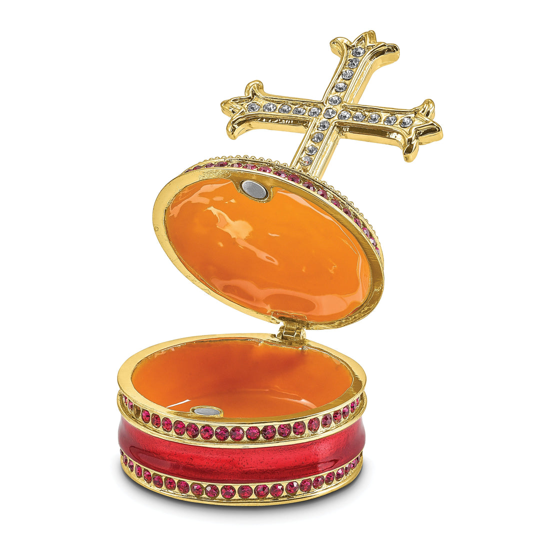 Bejewel Pewter Multi Color Finish REVERENCE Cross on Round Trinket Box