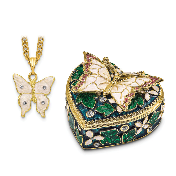 Bejeweled Pewter BLUSH Pink Butterfly on Heart Trinket Box Design