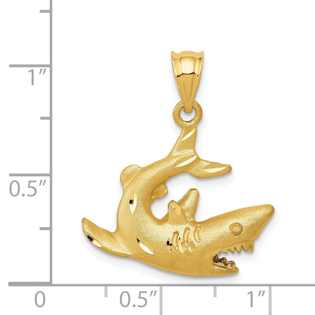 14k Yellow Gold Solid Brushed Diamond Cut Finish Shark Design Charm Pendant