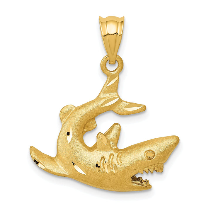 14k Yellow Gold Solid Brushed Diamond Cut Finish Shark Design Charm Pendant