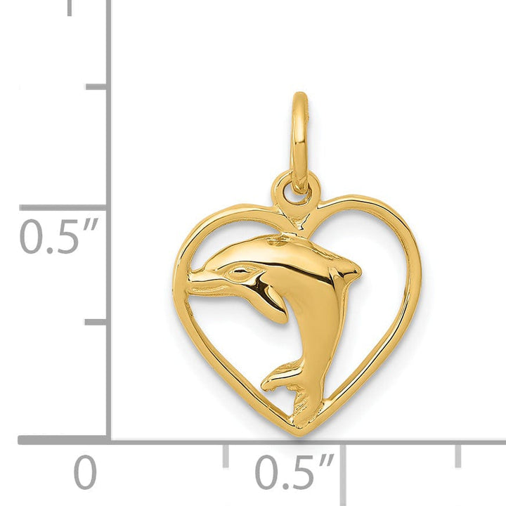 14k Yellow Gold Polish Finish Dolphin in Heart Design Charm Pendant