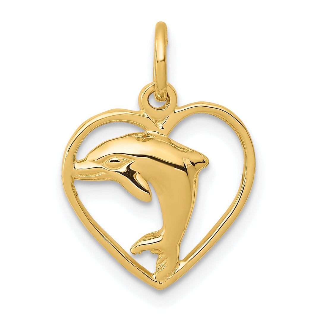 14k Yellow Gold Polish Finish Dolphin in Heart Design Charm Pendant