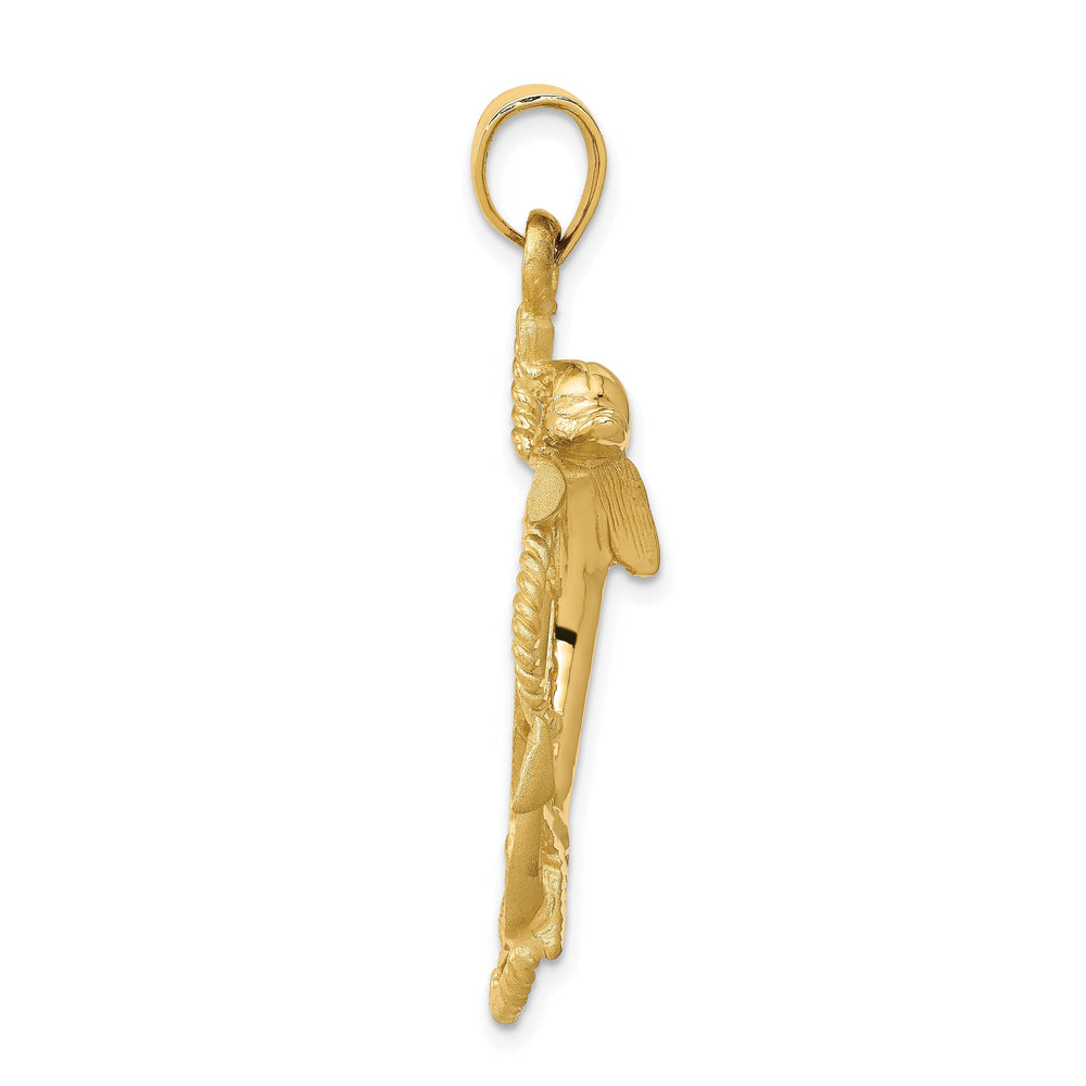 14k Yellow Gold Solid Satin Diamond Cut Polished Finish Dolphin on Anchor Design Charm Pendant