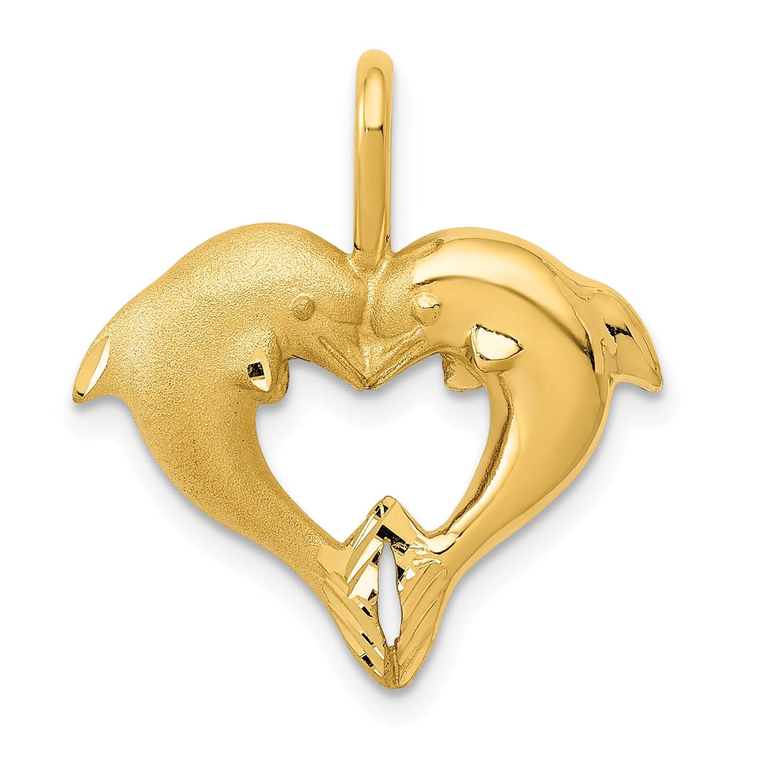 14k Yellow Gold Solid Polished Finish 2-Dolphin Heart Design Charm Pendant