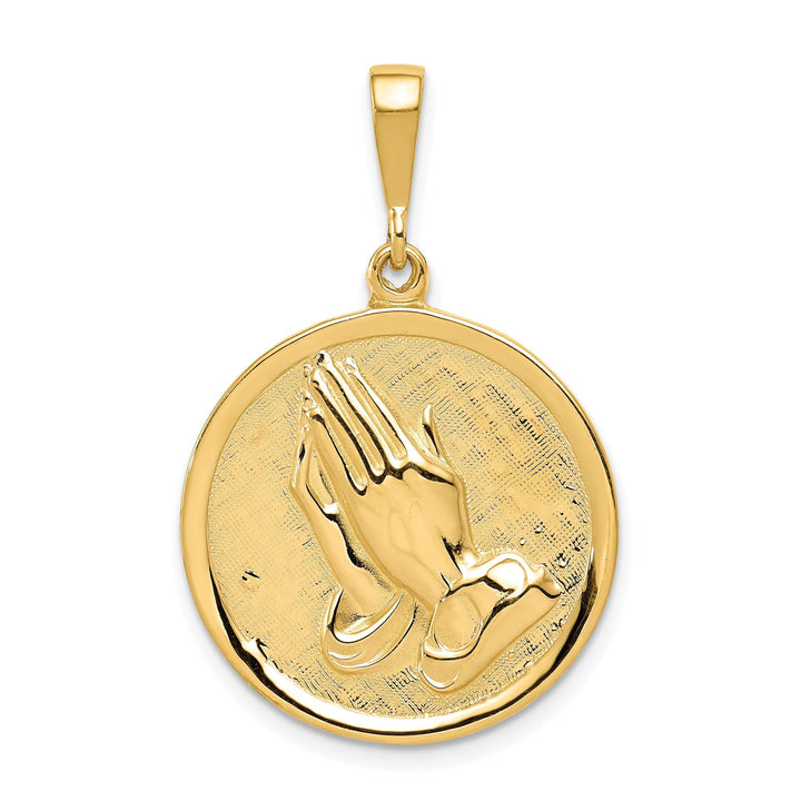 14K Yellow Gold Polished Praying Hands and Serenity Prayer Pendant