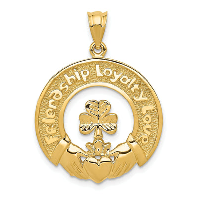 14k Yellow Gold Solid Textured Polished Finish Friendship Loyalty Love Claddagh Leaf Circle Shape Charm Pendant at $ 402.76 only from Jewelryshopping.com