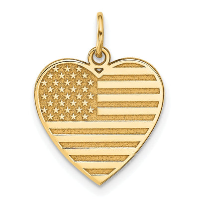 14k Yellow Gold Polished Textured Finish U.S.A Flag in Heart Shape Design Charm Pendant
