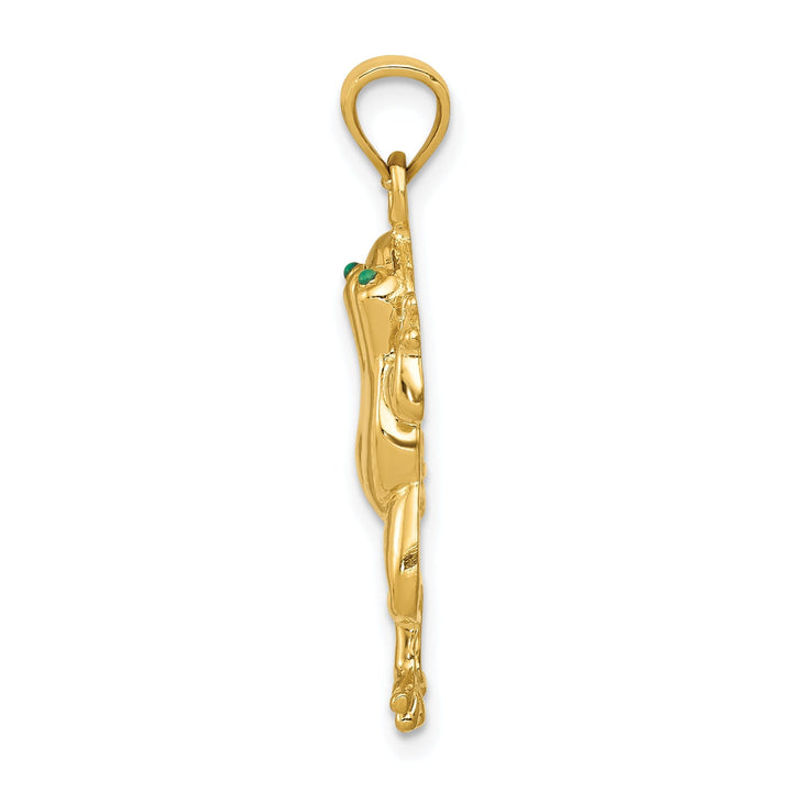 14k Yellow Gold Solid Polished Finish Frog With Green Enameled Eyes Charm Pendant