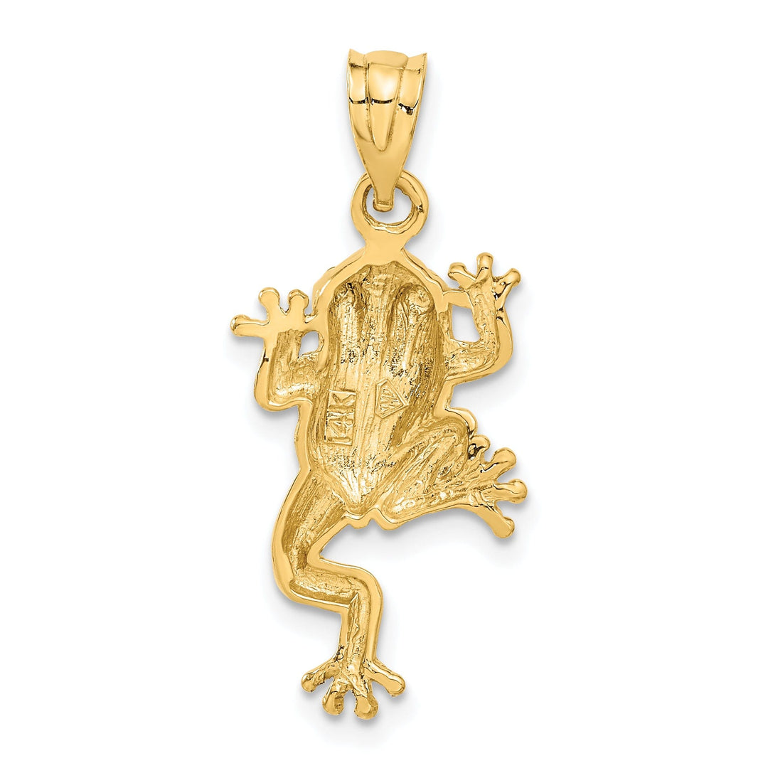 14k Yellow Gold Solid Polished Finish Frog With Green Enameled Eyes Charm Pendant