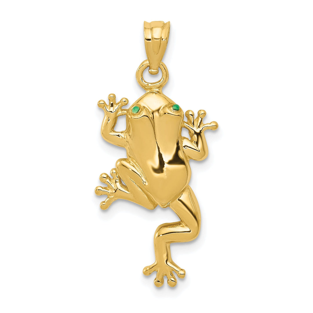 14k Yellow Gold Solid Polished Finish Frog With Green Enameled Eyes Charm Pendant