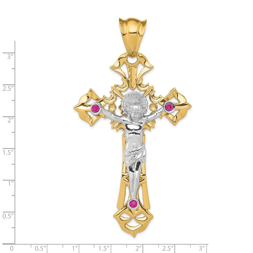 14k Two-tone Gold Polished with Red C.Z Crucifix