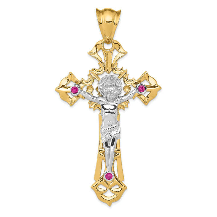 14k Two-tone Gold Polished with Red C.Z Crucifix