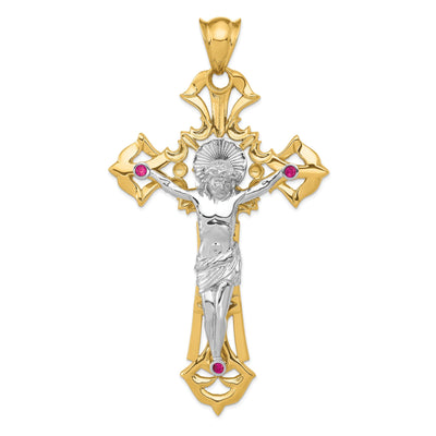 14k Two-tone Gold Polished with Red C.Z Crucifix