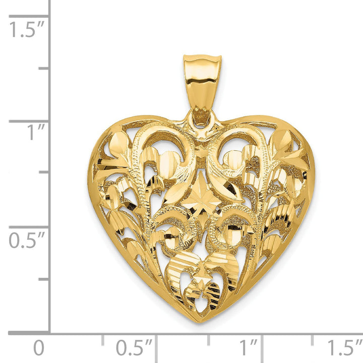 14K Yellow Gold Polished Diamond Cut Finish Solid 3-Dimensional Filigree Heart Design Charm Pendant