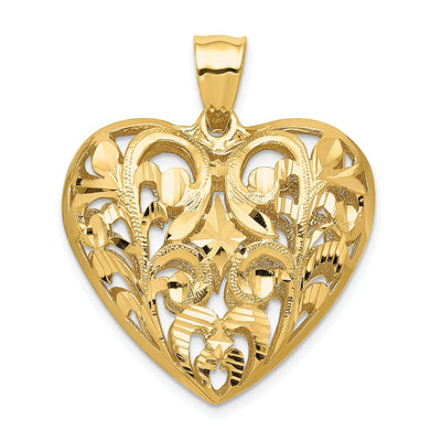 14K Yellow Gold Polished Diamond Cut Finish Solid 3-Dimensional Filigree Heart Design Charm Pendant