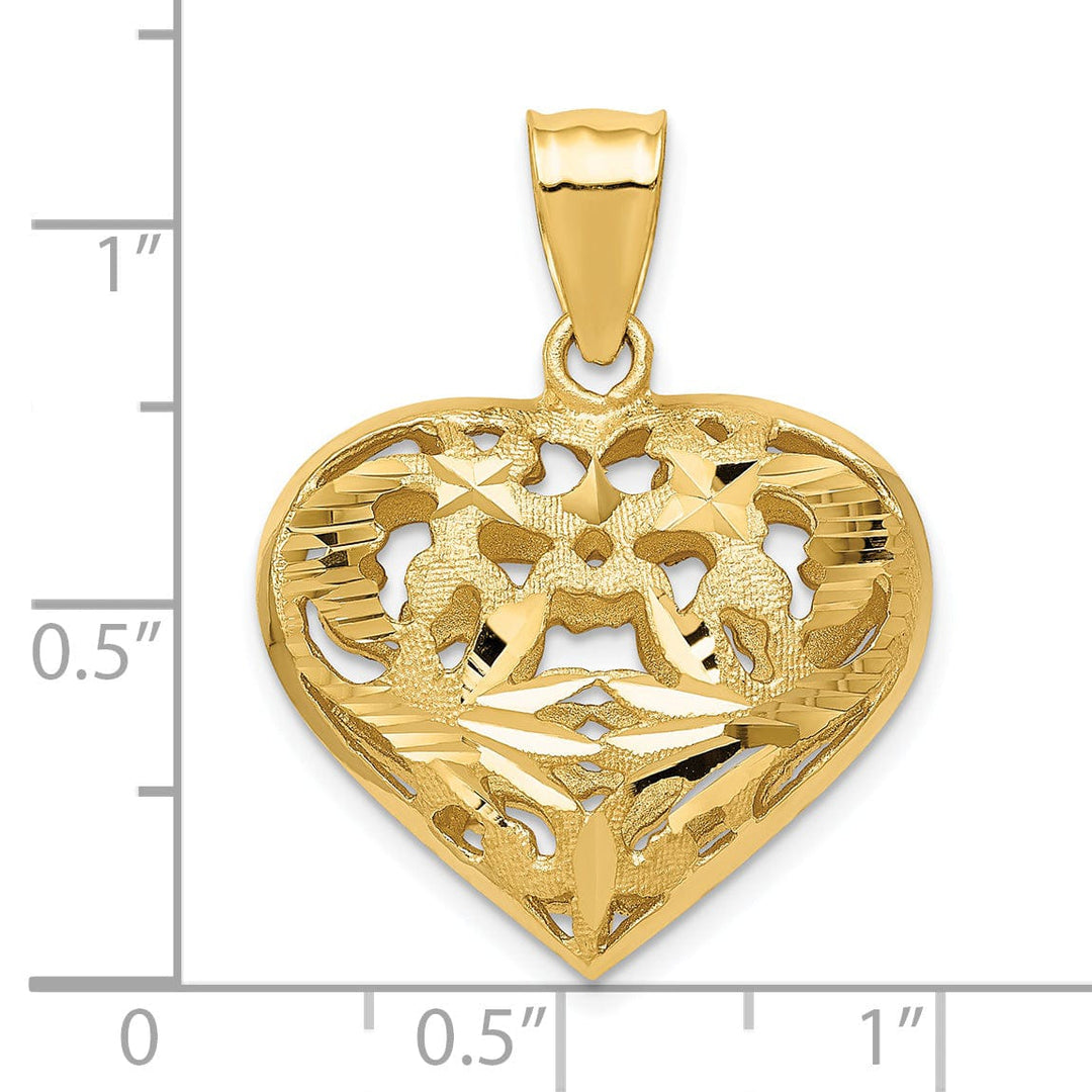 14k Yellow Gold Polished Diamond Cut Finish 3-Dimensional Fancy Heart Shape Design Charm Pendant