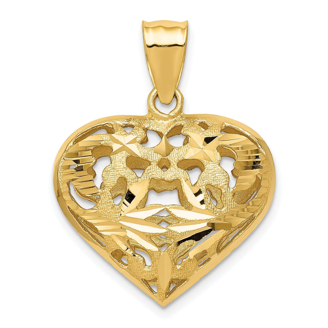 14k Yellow Gold Polished Diamond Cut Finish 3-Dimensional Fancy Heart Shape Design Charm Pendant