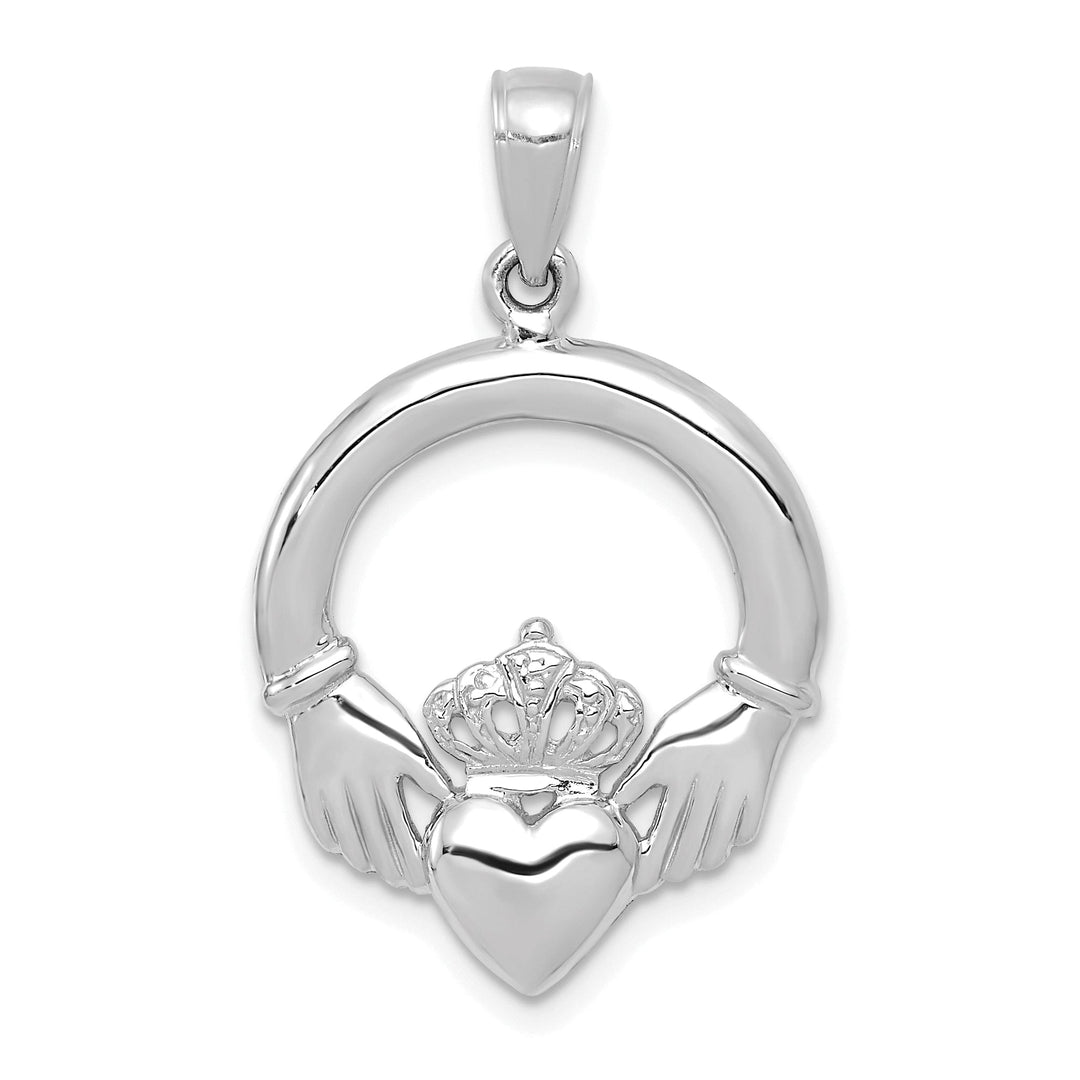 14k White Gold Open Back Solid Polished Finish Claddagh Design Charm Pendant