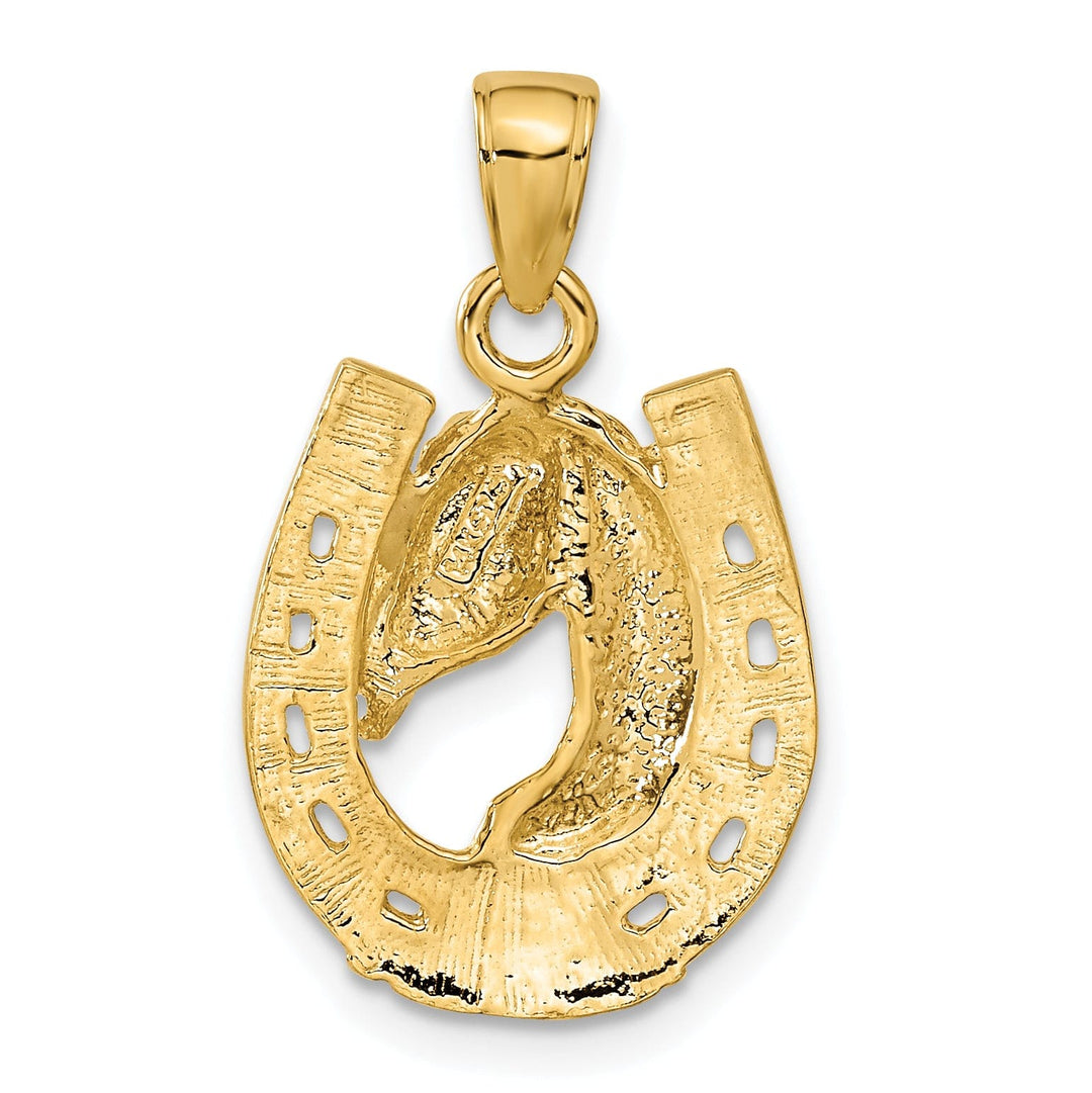 14k Yellow Gold Solid Textured Polished Polished Finish Horse Head in Horseshoe Design Charm Pendant