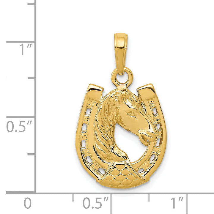 14k Yellow Gold Solid Textured Polished Polished Finish Horse Head in Horseshoe Design Charm Pendant