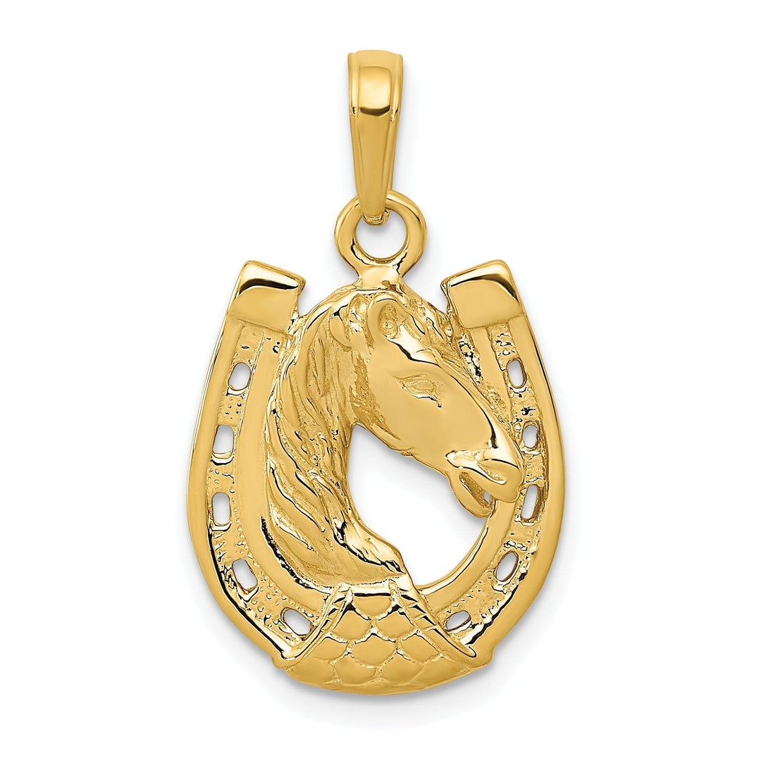 14k Yellow Gold Solid Textured Polished Polished Finish Horse Head in Horseshoe Design Charm Pendant