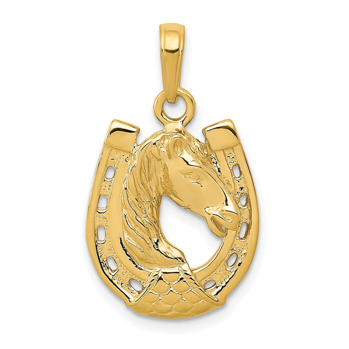 14k Yellow Gold Solid Textured Polished Polished Finish Horse Head in Horseshoe Design Charm Pendant