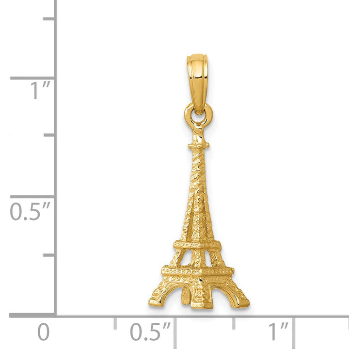 14k Yellow Gold Texture Polished Finished Solid 3-Dimensional Eiffel Tower Charm Pendant