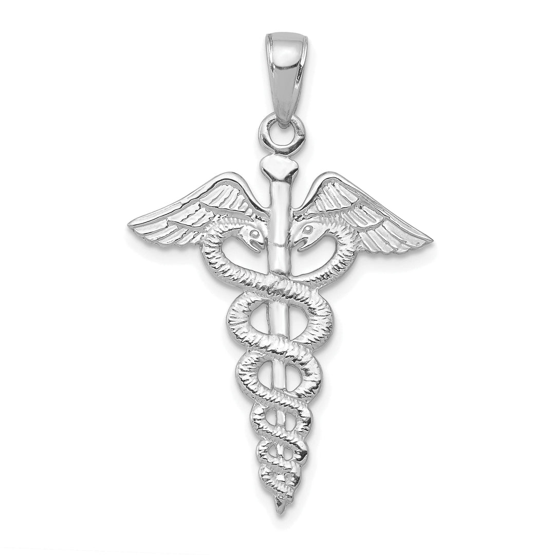 14k White Gold Textured Polished Finish Caduceus Charm Pendant