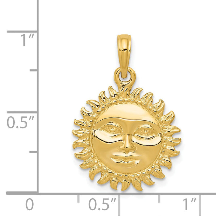 14k Yellow Gold Solid Polished Finish Reversible 3-Diamentional Sun with Face Design Charm Pendant