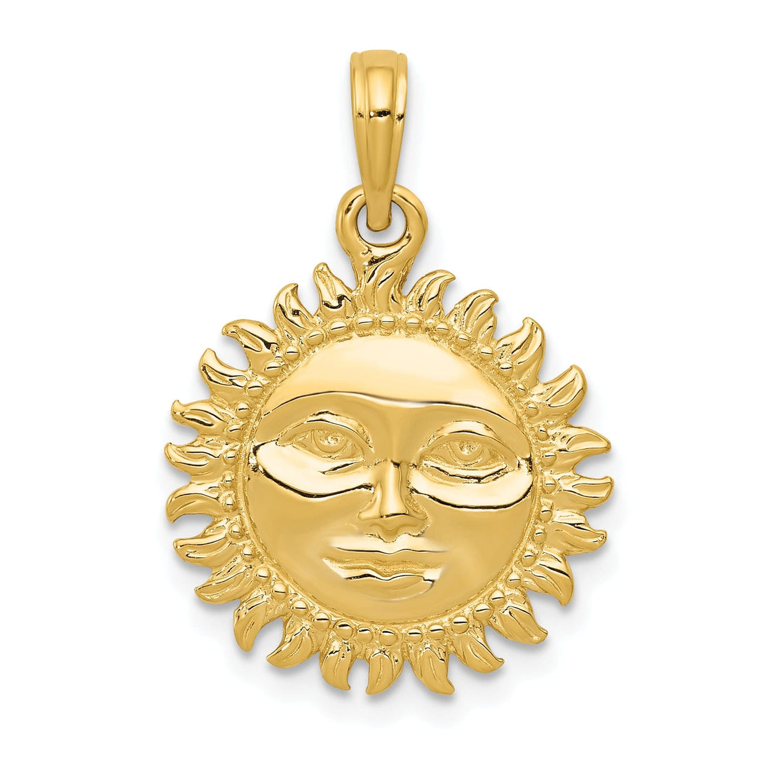 14k Yellow Gold Solid Polished Finish Reversible 3-Diamentional Sun with Face Design Charm Pendant