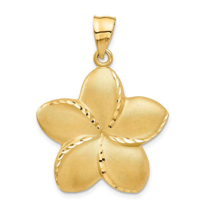 14k Yellow Gold Satin Diamond-cut Solid Casted Open-Back Polished Textured Finish Large Plumeria Charm Pendant