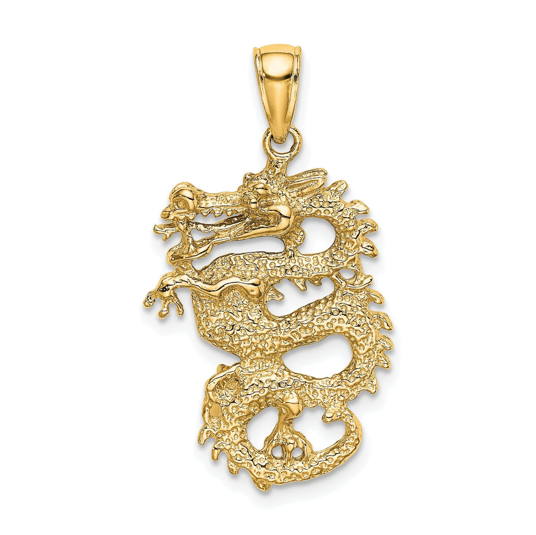 14k Yellow Gold Solid Polished Textured Finish 3-Dimensional Dragon Design Charm Pendant