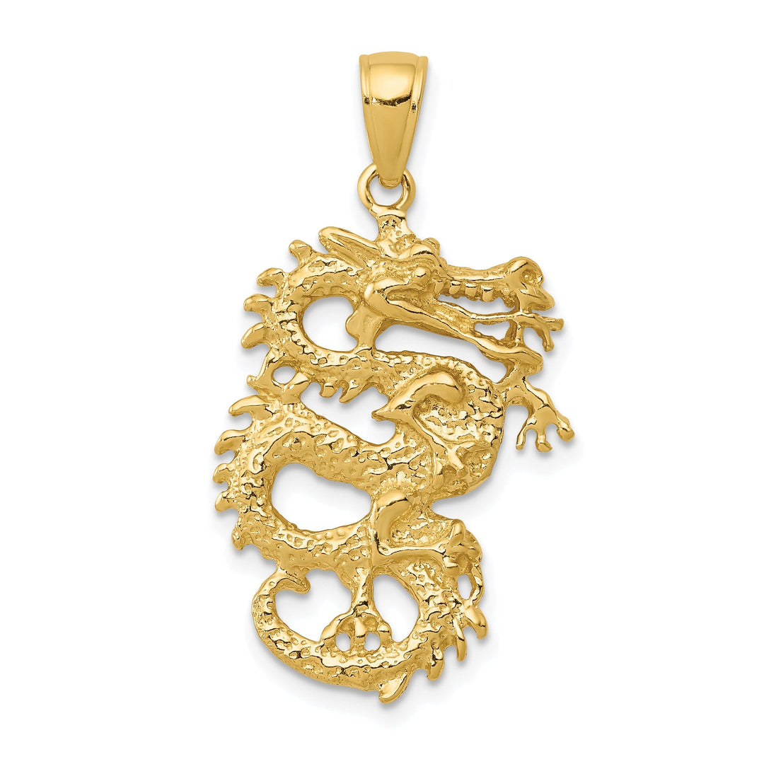 14k Yellow Gold Solid Polished Textured Finish 3-Dimensional Dragon Design Charm Pendant
