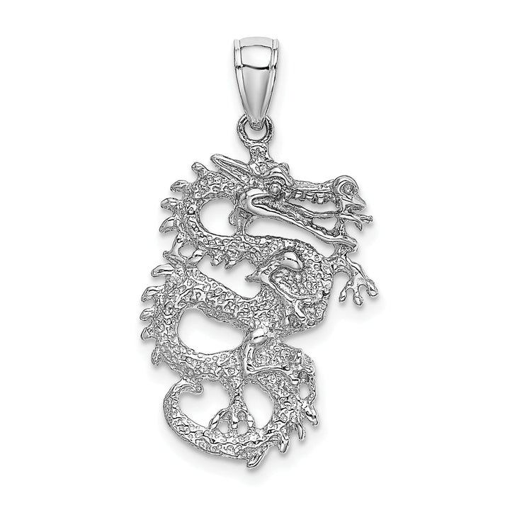 14k White Gold Polished Solid Textured Finish 3-Dimensional Dragon Design Charm Pendant