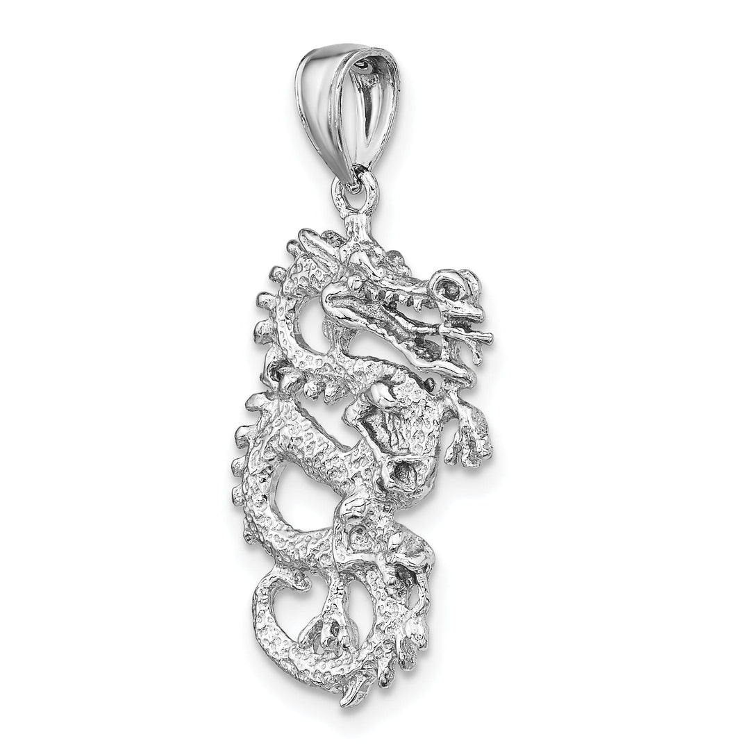 14k White Gold Polished Solid Textured Finish 3-Dimensional Dragon Design Charm Pendant