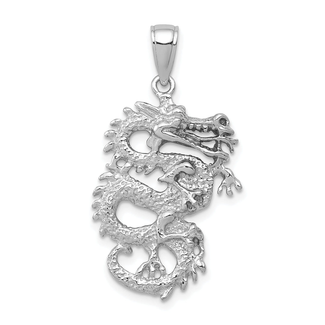 14k White Gold Polished Solid Textured Finish 3-Dimensional Dragon Design Charm Pendant