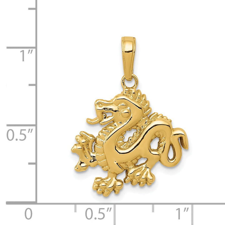 14k Yellow Gold Solid Polished Textured Finish Small Size 3-Dimensional Dragon Design Charm Pendant