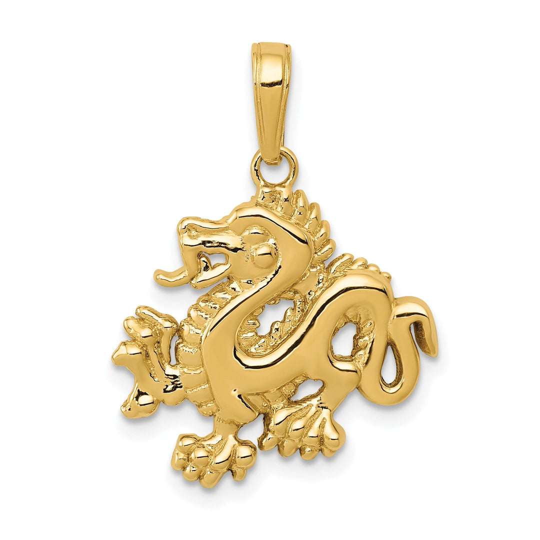 14k Yellow Gold Solid Polished Textured Finish Small Size 3-Dimensional Dragon Design Charm Pendant